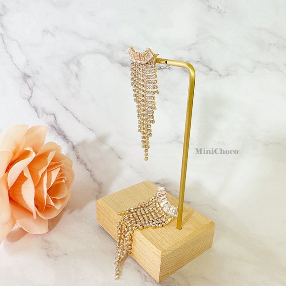 Gold Tone CZ Curved Tapered Baguette Cascading Earrings - Picture 3 of 7